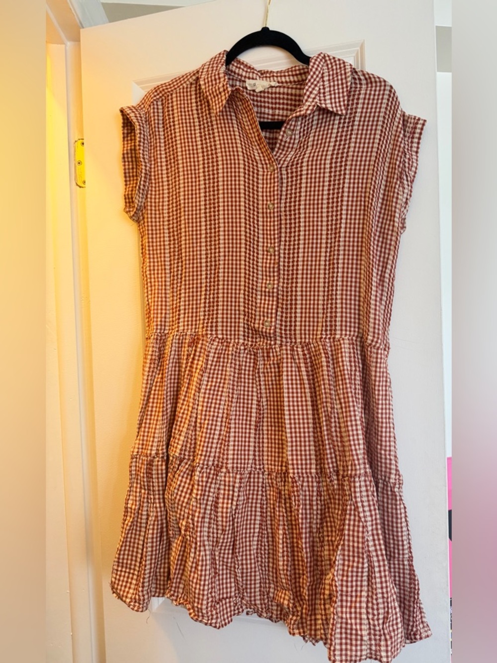 Women’s Rust Gingham Tiered Shirt Dress - Casual Collared Style